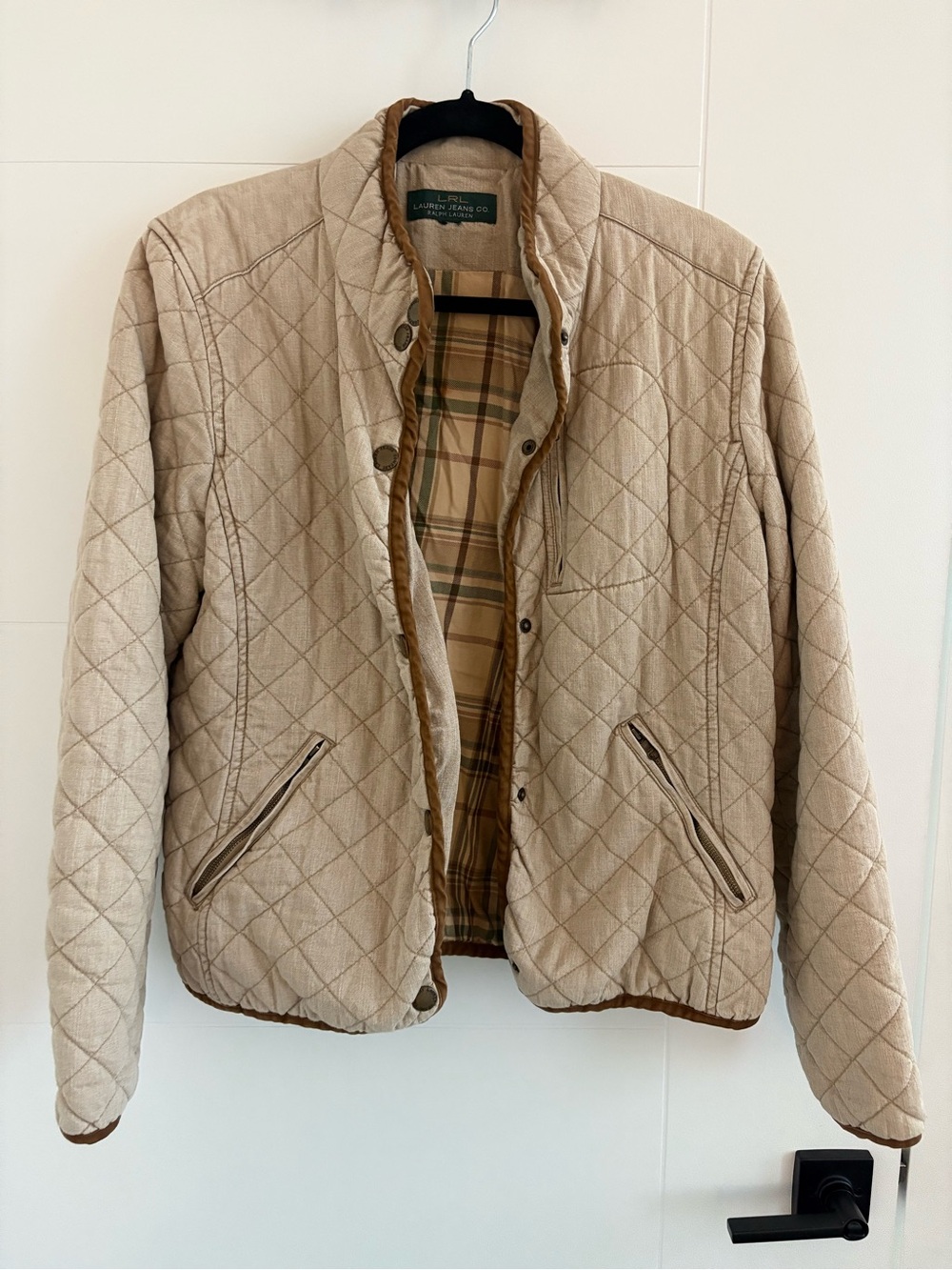 Ralph Lauren Beige Quilted Lightweight Jacket with Brown Trim